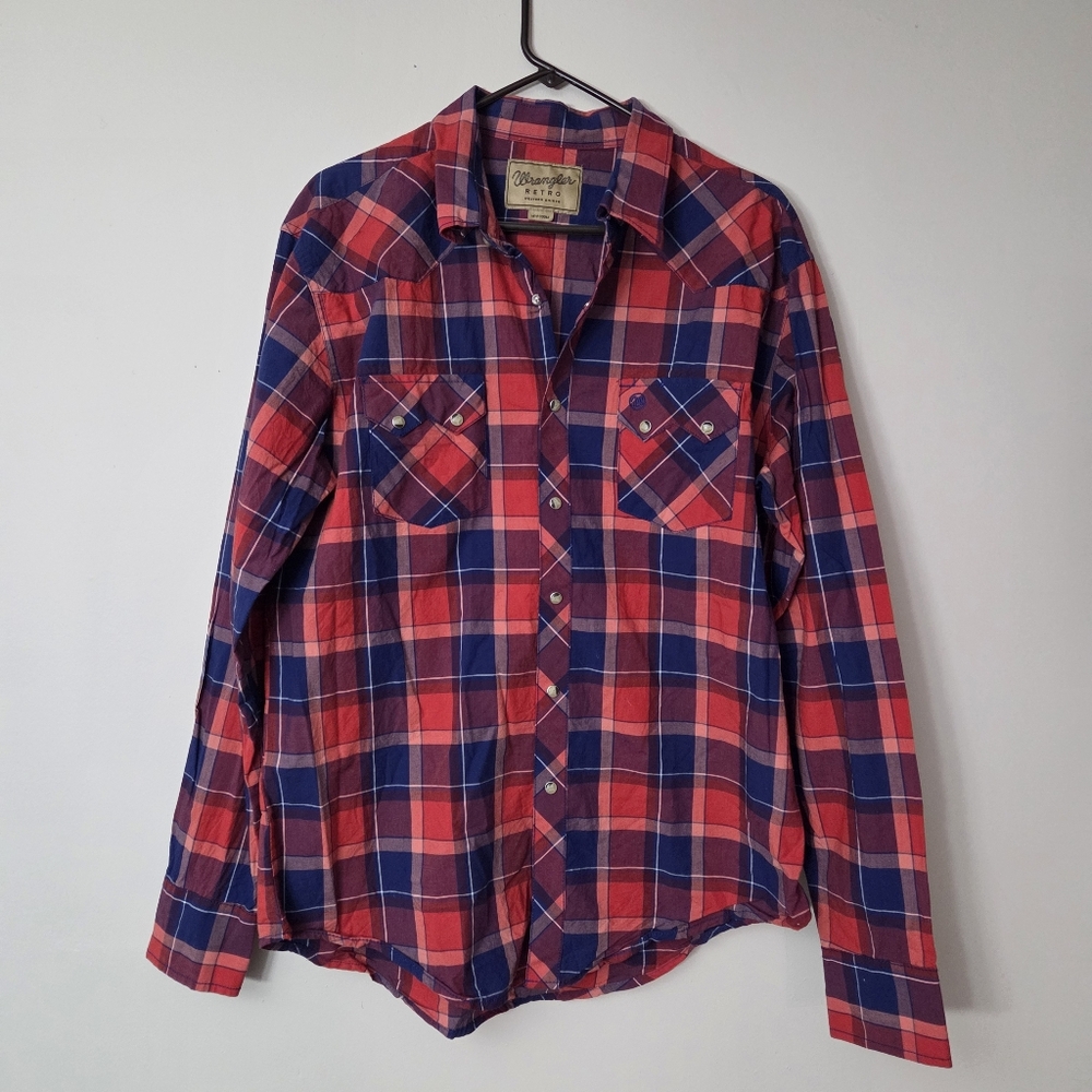 Wrangler Pearl Snap Long Sleeve Red White & Blue Western Mens XL Shirt